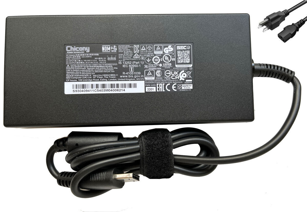 240W MSI GP66 Leopard 11UE-604IN AC Adapter Charger Power Cord
